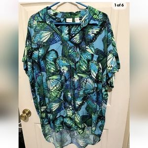 NWT Westbound Butterfly Blouse, XL, 1X, 18, Great Cover Up too!  Blues/Greens